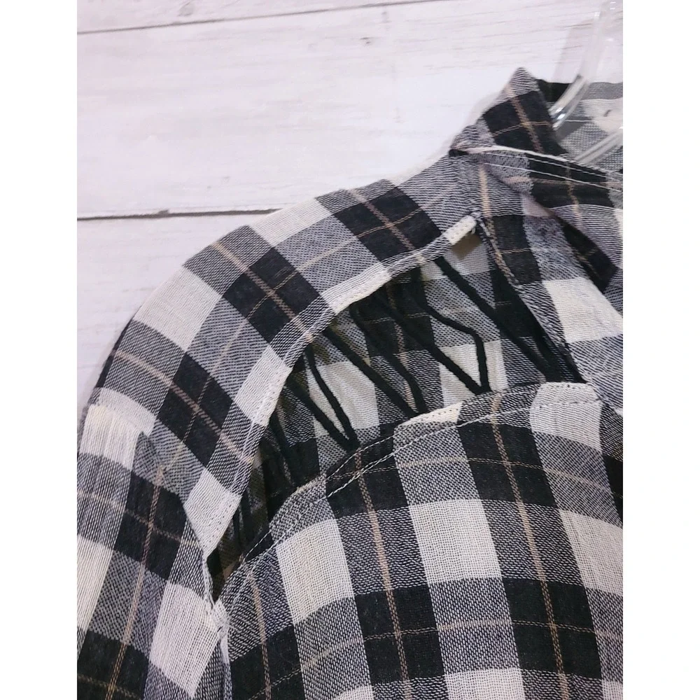 Free People Plaid Lace Up Shoulder‎ Snap Front High Low Shirt Black White Small